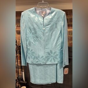 118. Vintage Adrianna Papell Aqua Floral Silk Blazer and Skirt Set Size 12, NWT